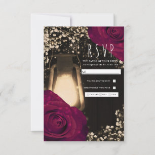 Rustic Glow Lantern & Magenta Roses Wedding RSVP Card