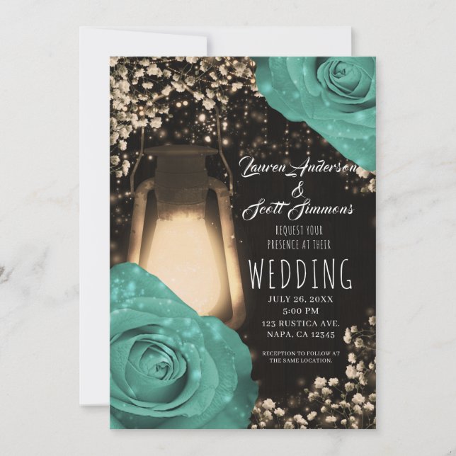 Rustic Glow Lantern Mint Green Roses Wedding  Invi Invitation (Front)