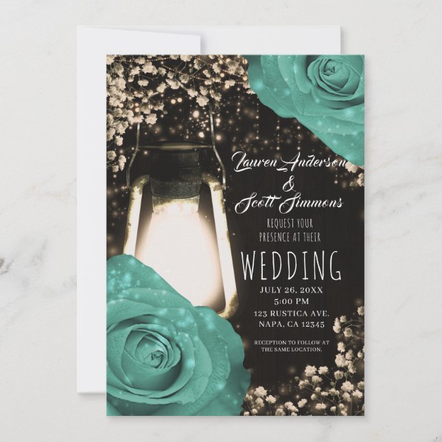 Rustic Glow Lantern Mint Green Roses Wedding Invitation (Front)