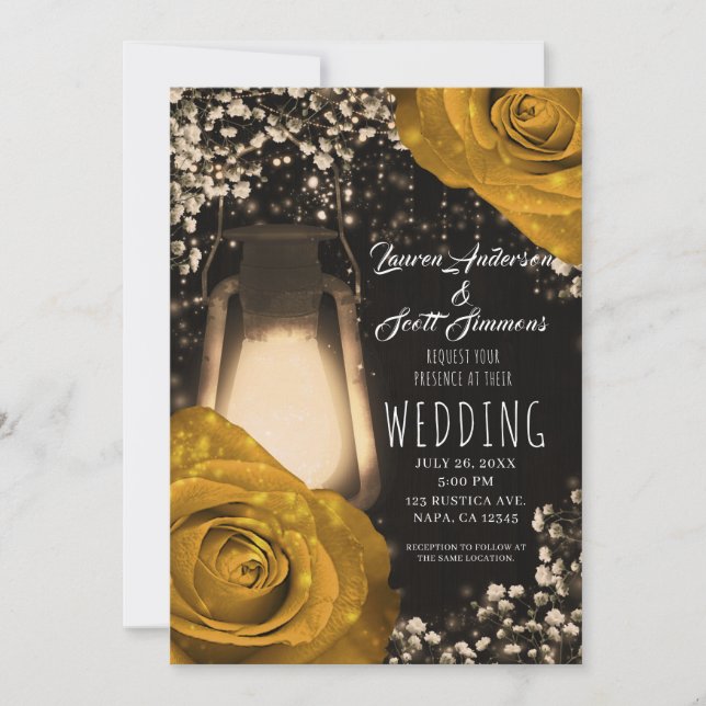 Rustic Glow Lantern Mustard Yellow Roses Wedding   Invitation (Front)