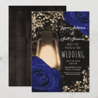 Rustic Glow Lantern & Navy Blue Roses Wedding Inv