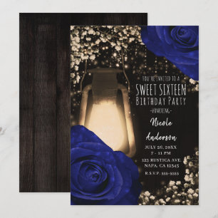 Rustic Glow Lantern Navy Roses Wedding Sweet 16 Invitation