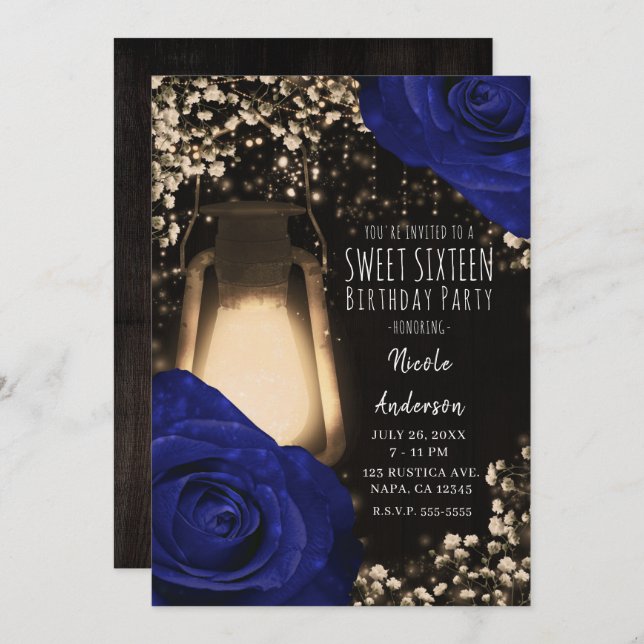Rustic Glow Lantern Navy Roses Wedding Sweet 16 Invitation (Front/Back)