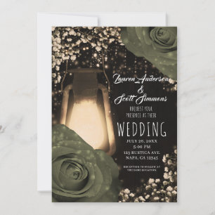 Rustic Glow Lantern Olive Sage Roses Wedding Invi Invitation