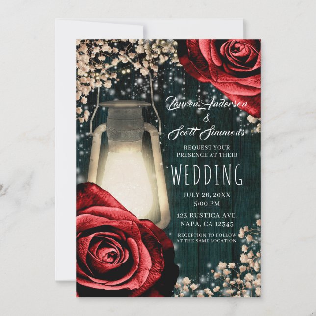 Rustic Glow Lantern Red Roses & Teal Wedding Invitation (Front)