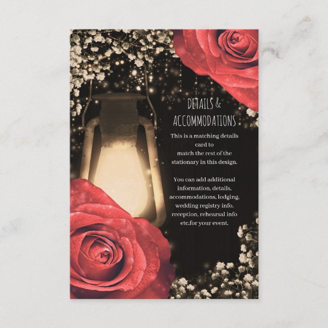 Rustic Glow Lantern Red Roses Wedding Details Enclosure Card (Front)