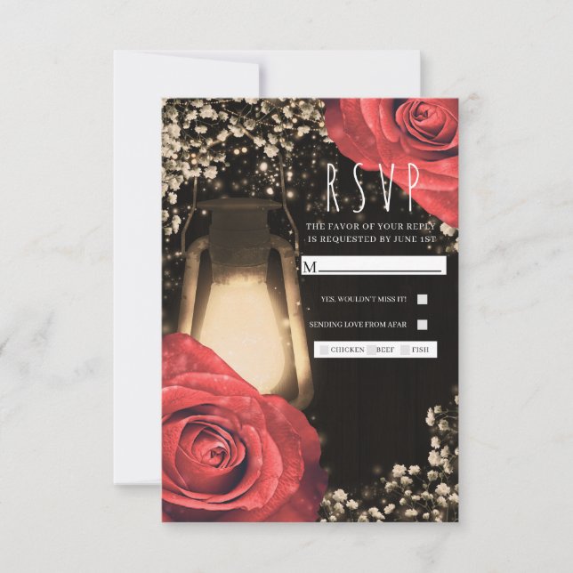 Rustic Glow Lantern & Red Roses Wedding RSVP Card (Front)