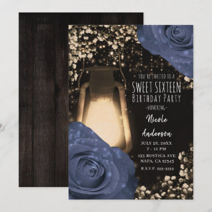 Rustic Glow Lantern & Steele Blue Roses Sweet 16 Invitation