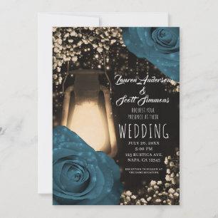 Rustic Glow Lantern Teal Green Blue Roses Wedding Invitation