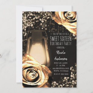 Rustic Glow Lantern Vintage Gold Roses Sweet 16 Invitation