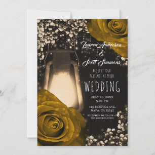 Rustic Glow Lantern & Warm Gold Roses Wedding Invitation