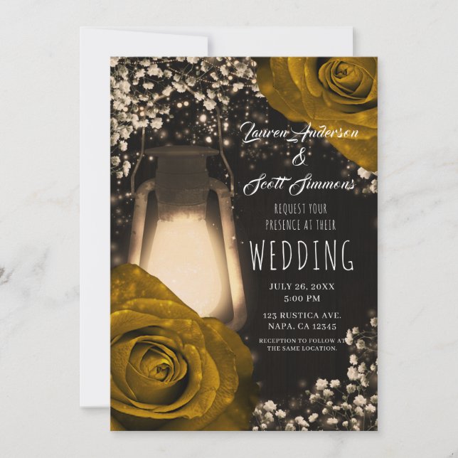 Rustic Glow Lantern & Warm Gold Roses Wedding Invitation (Front)