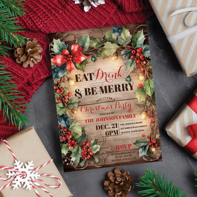 Rustic Glowing Lights Ivy Holly Christmas Party Invitation (Creator Uploaded)