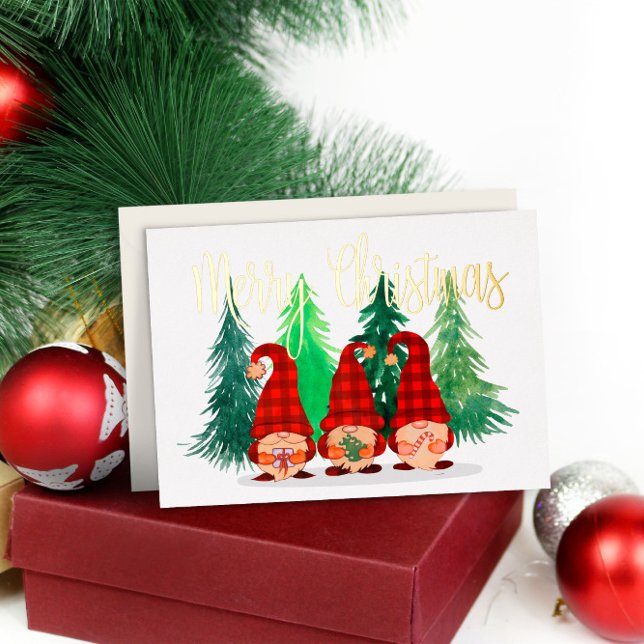 Rustic Gnomes Festive Merry Christmas Real Gold (Rustic Gnomes Custom Merry Christmas Real Gold Foil Holiday Card
)