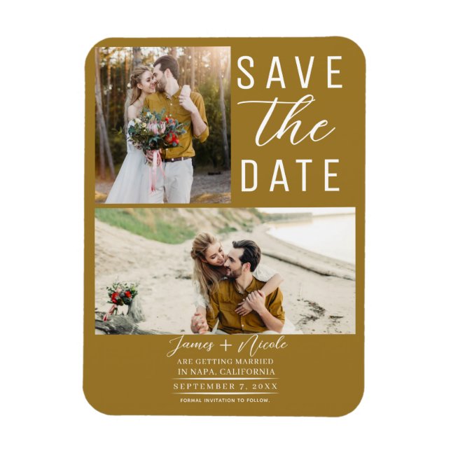 Rustic Gold 2 Photos Save the Date Wedding Magnet (Vertical)