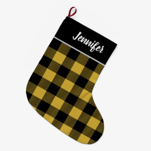 Rustic Gold and Black Buffalo Check Monogram Large Christmas Stocking