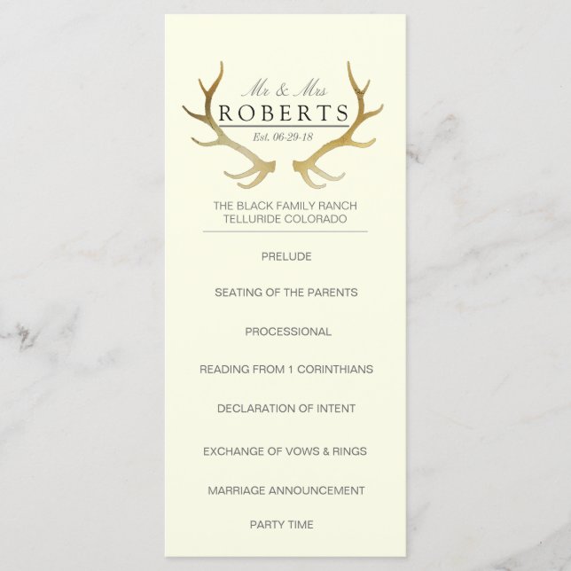 Rustic Gold Antlers | Elegant Wedding Rackcard Programme (Front)