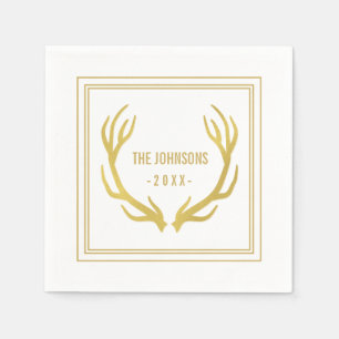Rustic Gold Antlers Wedding Paper Napkin White