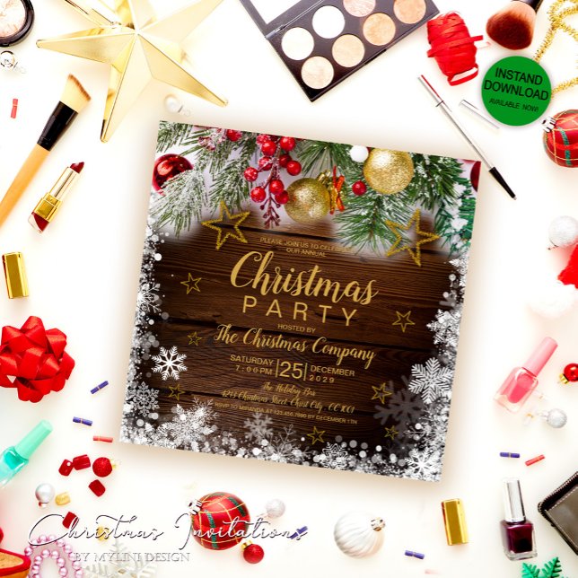 Rustic Gold Baubles Holly Berries Christmas Party Invitation (Creator Uploaded)