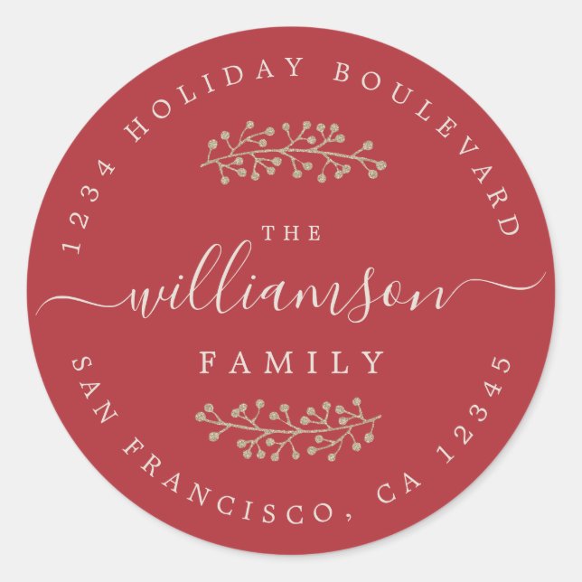 Rustic Gold Berries Sprig Red Christmas Classic Round Sticker (Front)