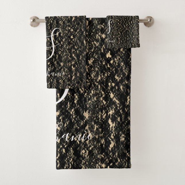Rustic Gold Black Artsy Patterns Monogram Initials Bath Towel Set (Insitu)