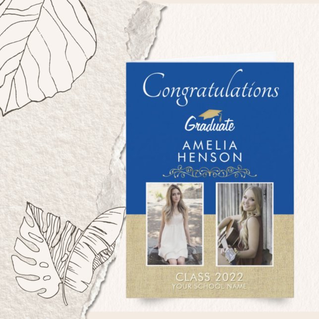 Rustic Gold Blue 2023 Graduate 2 Photo Graduation Card (Creator Uploaded)