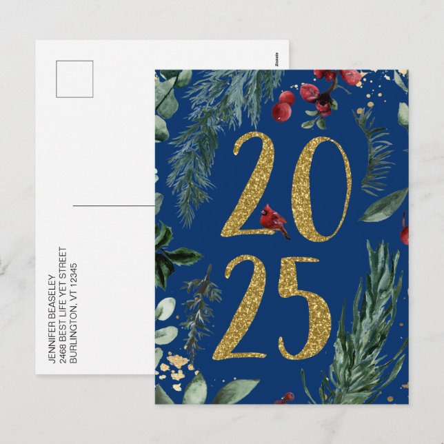 Rustic Gold Blue 2025 New Year Holiday Postcard (Front/Back)