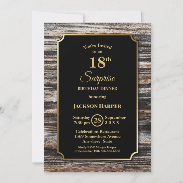 Rustic Gold Border Wood Surprise 18th Birthday Invitation (Front)