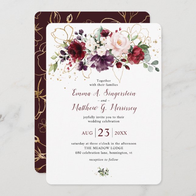 Rustic Gold Burgundy Wine Blush Floral Wedding Invitation (Front/Back)