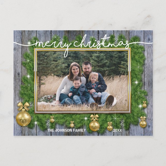 Rustic Gold Christmas Family Portrait PHOTO Holiday Postcard (Front)