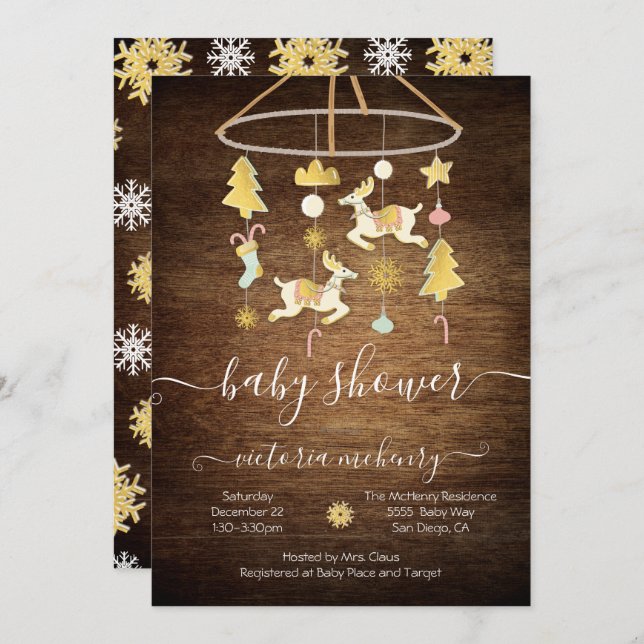 Rustic Gold Christmas Holiday Mobile Baby Shower Invitation (Front/Back)
