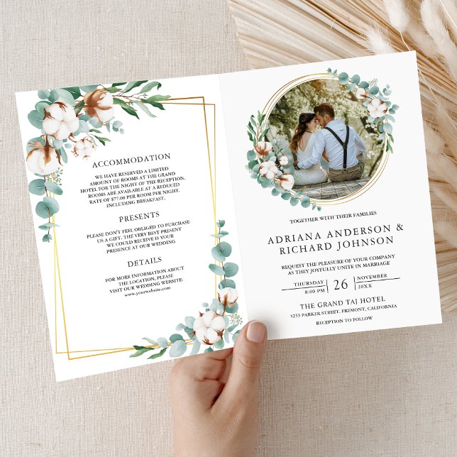 Rustic Gold Cotton Eucalyptus QR Code Wedding Invitation (Creator Uploaded)