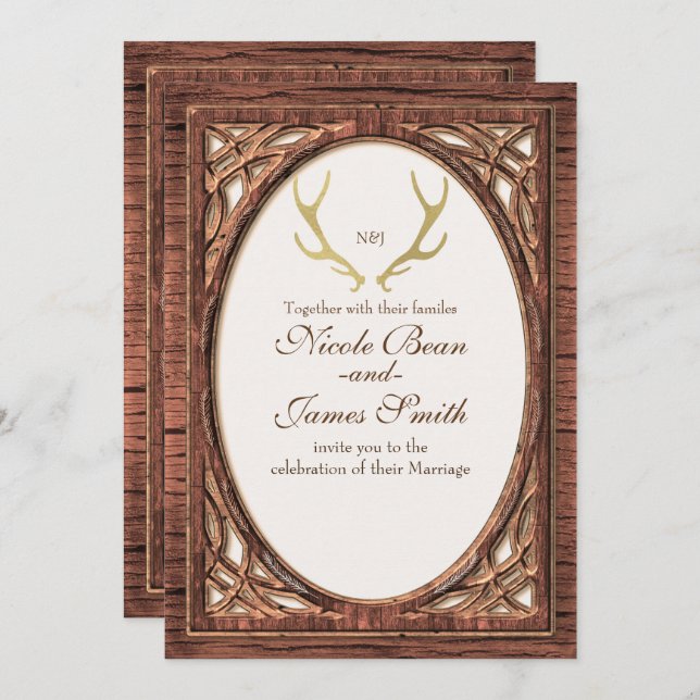 Rustic Gold Deer Antlers Two Tone Wood Invitation (Front/Back)