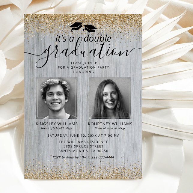 Rustic Gold Double Graduation Photo Invitation (Creator Uploaded)