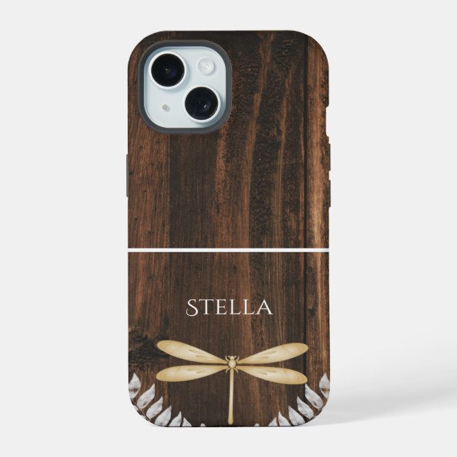 Rustic Gold Dragonfly Personalised iPhone 15 Case (Back)