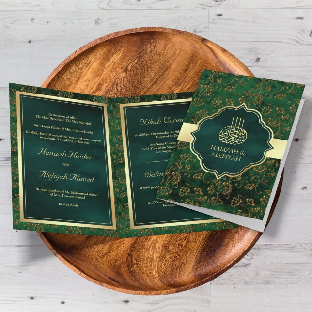 Rustic Gold Emerald Green Filigree Muslim Wedding Invitation (Creator Uploaded)