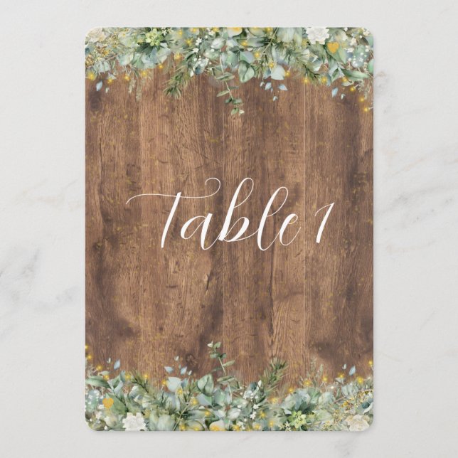 Rustic Gold Eucalyptus & White Floral Table Number (Front)