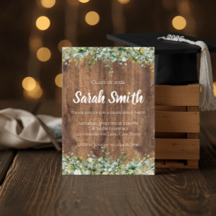 Rustic Gold Eucalyptus & White Floral Wood Grad Invitation