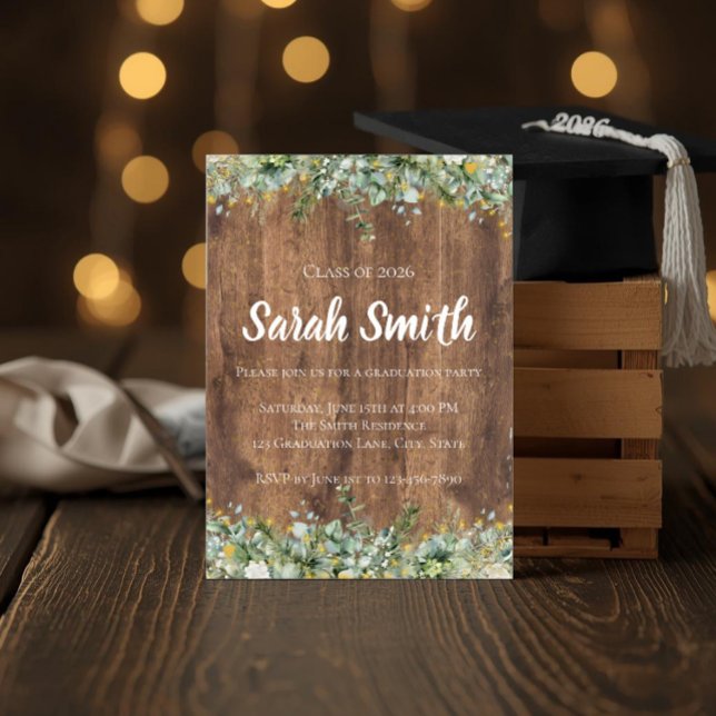 Rustic Gold Eucalyptus & White Floral Wood Grad Invitation (Creator Uploaded)