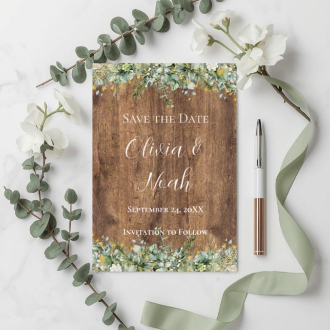 Rustic Gold Eucalyptus & White Floral Wood STD Invitation (Creator Uploaded)