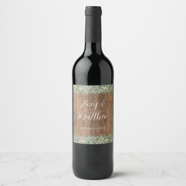 Rustic Gold Eucalyptus & White Floral Wood Wedding Wine Label (Front)