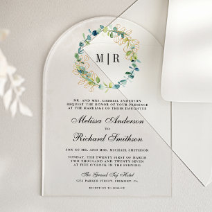Rustic Gold Eucalyptus Wreath Wedding Acrylic Invitations