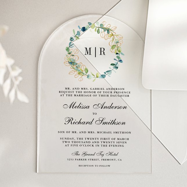 Rustic Gold Eucalyptus Wreath Wedding Acrylic Invitations (Creator Uploaded)
