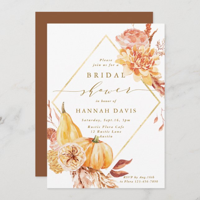 Rustic Gold Fall Floral Pumpkin Bridal Shower Invitation (Front/Back)