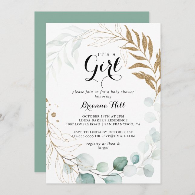 Rustic Gold Floral It's A Girl Baby Shower Invitation (Front/Back)