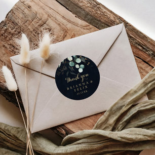 Rustic Gold Floral Thank You Blue Wedding Favour  Classic Round Sticker