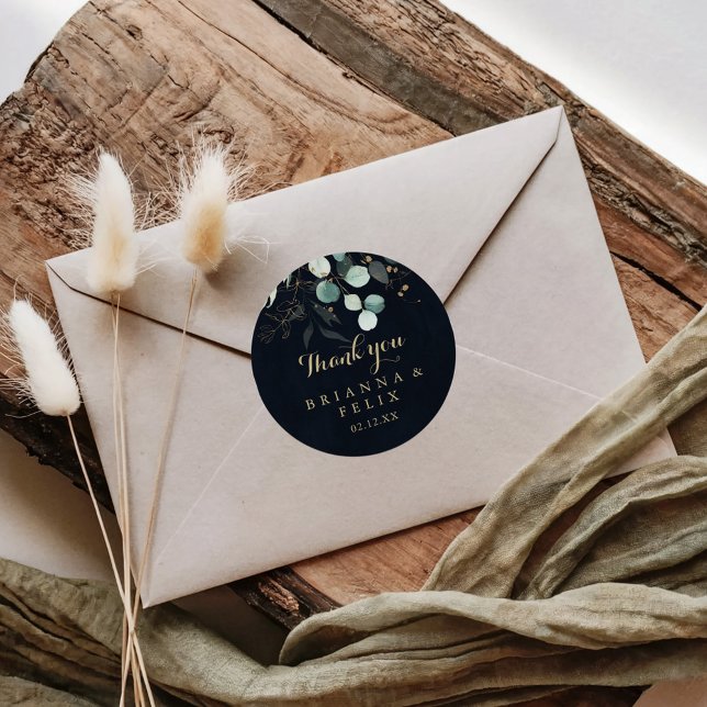 Rustic Gold Floral Thank You Blue Wedding Favour  Classic Round Sticker (Creator Uploaded)