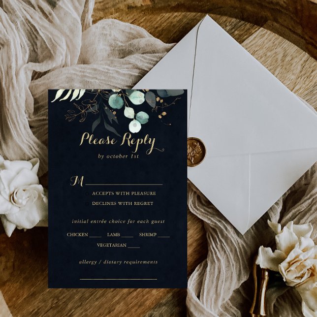 Rustic Gold Floral Wedding Blue Menu Choice RSVP (Creator Uploaded)