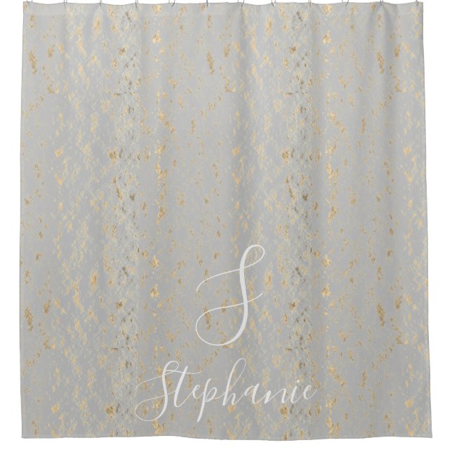 Rustic Gold Foil Patterns Grey Monogram Initials Shower Curtain (Front)