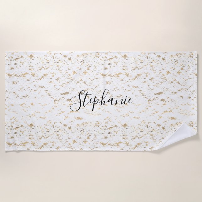 Rustic Gold Foil Patterns Monogram White Glittery Beach Towel (Front)